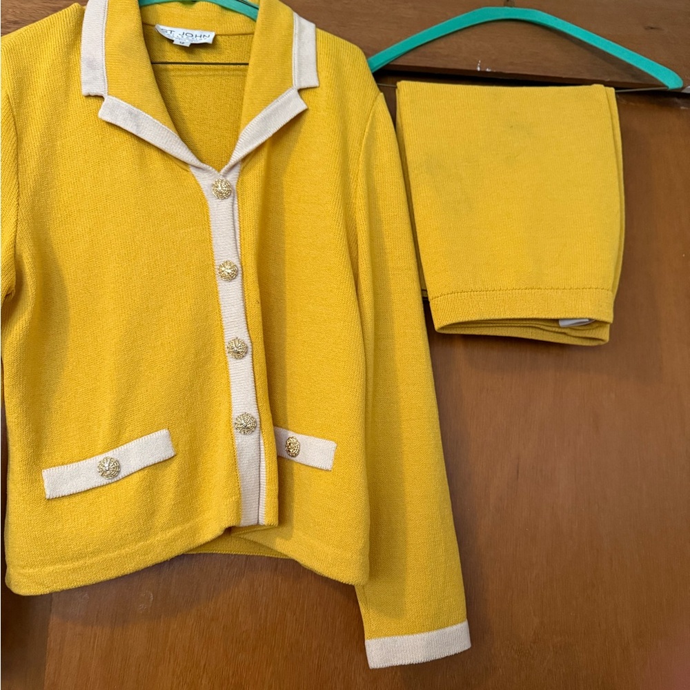 St. John Mustard and Cream Blazer with Gold Buttons and matching Skirt and Tank